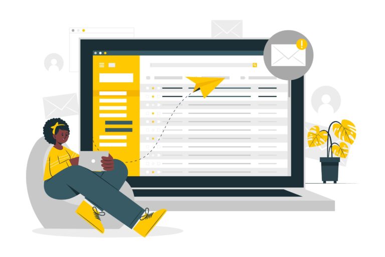 Illustration of a woman sending an email using a tablet, with a large email interface on a laptop screen – concept of email marketing in digital marketing