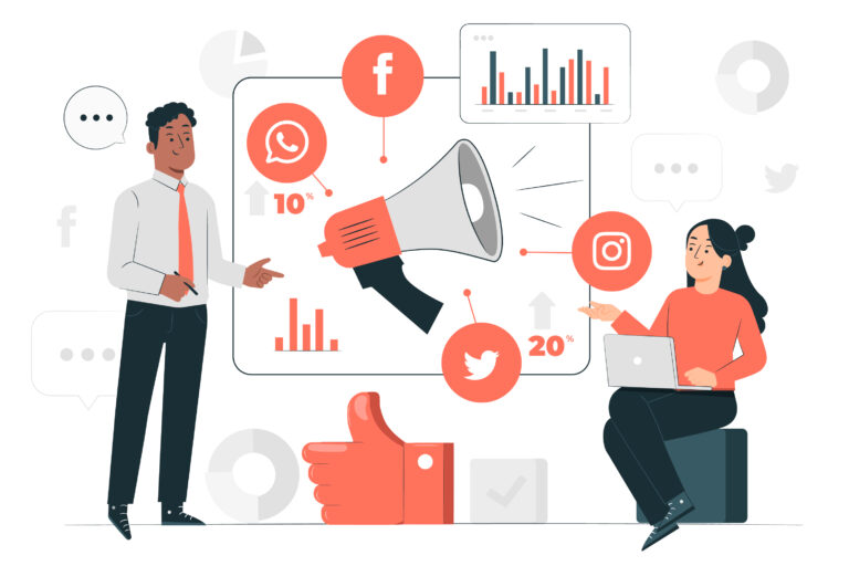 Illustration of two marketers discussing marketing for social media, showing icons of Facebook, Instagram, Twitter, WhatsApp, and growth charts.