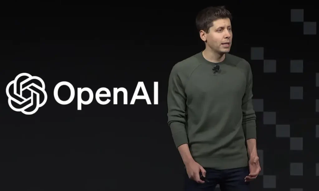 sam altman standing behind a chatgpt and openai logo in white color