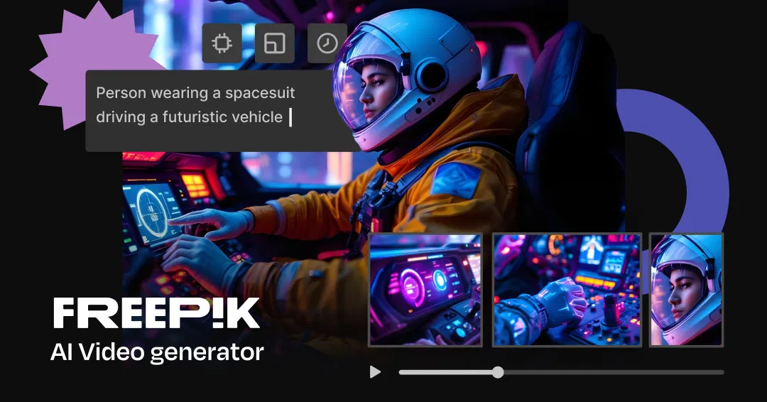 AI-generated video concept from Freepik showing a person in a spacesuit operating a futuristic vehicle cockpit, with glowing control panels and sci-fi ambiance.