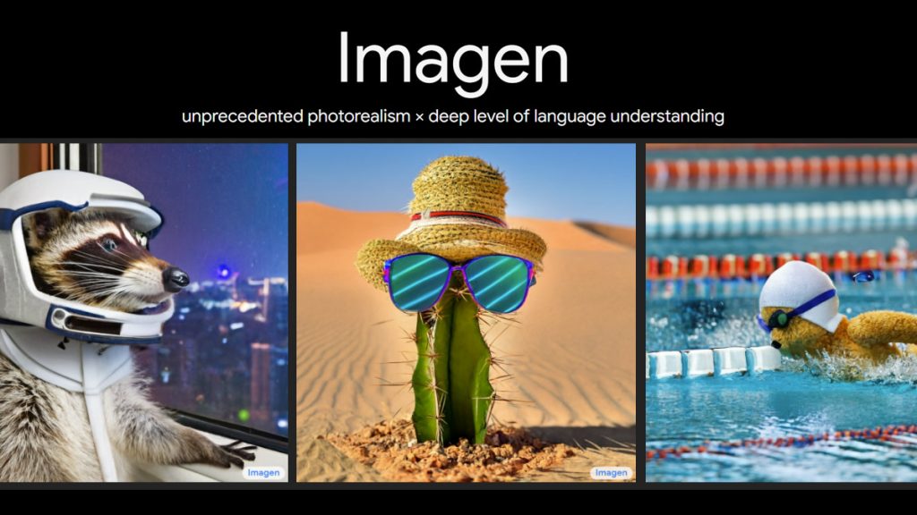 A raccoon in a spacesuit, a cactus wearing sunglasses and a hat in the desert, and a duck swimming with goggles—generated using Google Imagen AI.