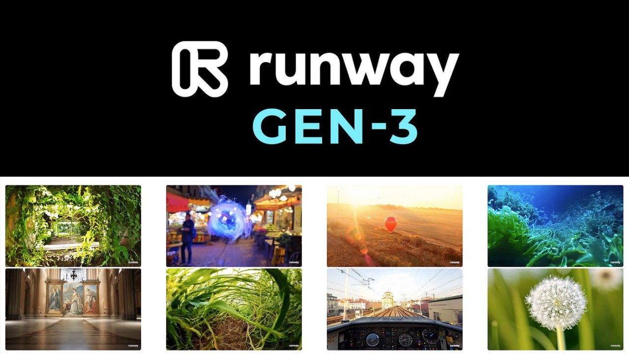 Runway Gen-3 logo above a grid of AI-generated video scenes including nature, urban markets, underwater views, and artistic visuals.